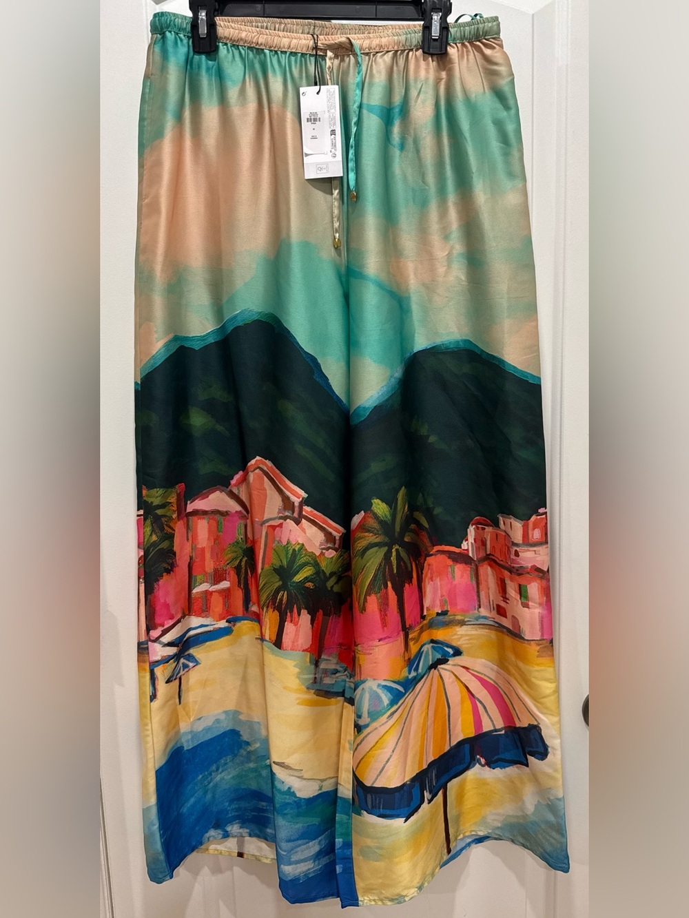 Coastal Print Satin Wide Leg Pants in Teal, Pink and Gold